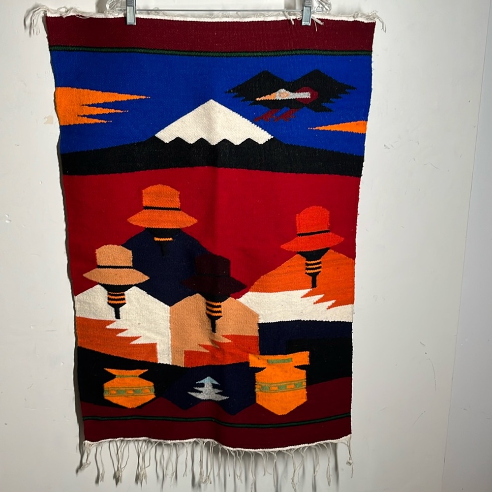 Peruvian Flat Weave Hand Knit Rug Native Family Andes Vintage 90s